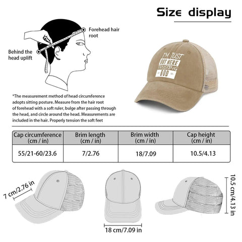 Just Out Here Trusting God Dope Trucker Hats For Men Funny Running Caps, size chart and cap measurements displayed