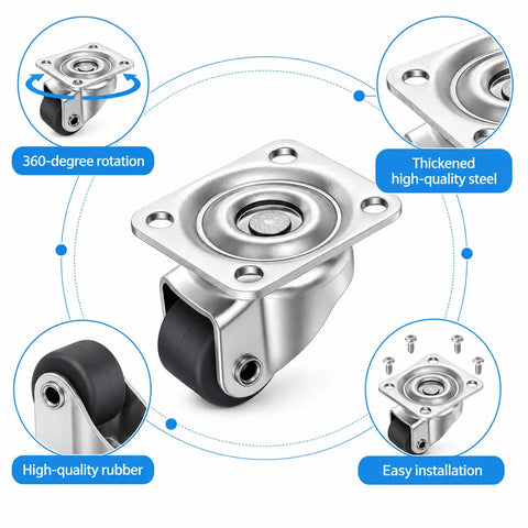 1 Inch Swivel Caster Wheels 8 Pack Mini Furniture Rollers With Self Adhesive Mounts Stainless Steel Nylon Core with 360-degree rotation.