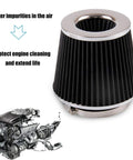 Universal Clamp On Air Intake Filter Kit For Cars And Motorcycles With Three Size Adapters 3In 3Point5In 4In High Performance Washable Replacement Filter To Boost Horsepower And Snap The Throttle Black shown beside an engine with text highlighting benefits.