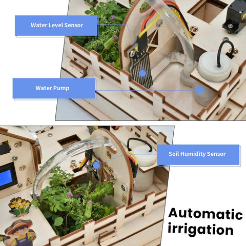 ESP32 Smart Farm Starter Kit For Arduino Fans With DIY Sensor Set And Auto Irrigation Light Soil Moisture And More Scratch Compatible Tutorials STEM Education Kit For Teens And Adults showing water level sensor and pump.
