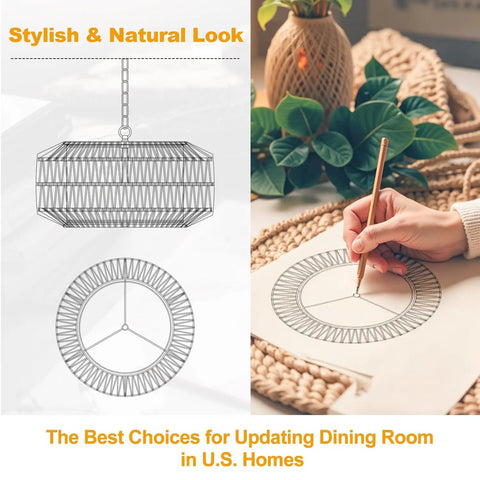 Five Light Hand Woven Rattan Chandelier With Totally Adjustable Drop From Nine To Fifty Two Inches And Soft Linen Shades For Kitchen Island Super Cozy Glow sketch with a hand drawing.