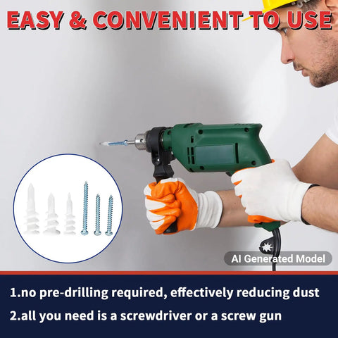 Person using drill with 320 Piece Self Drilling Drywall Anchors And Screws Kit No Pre Drill 75 Lb Capacity visible