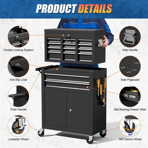 Heavy Duty 10 Drawer Rolling Tool Chest With Wheels, Lockable 2-in-1 Tool Box And Cart, detachable top and bottom with side handle