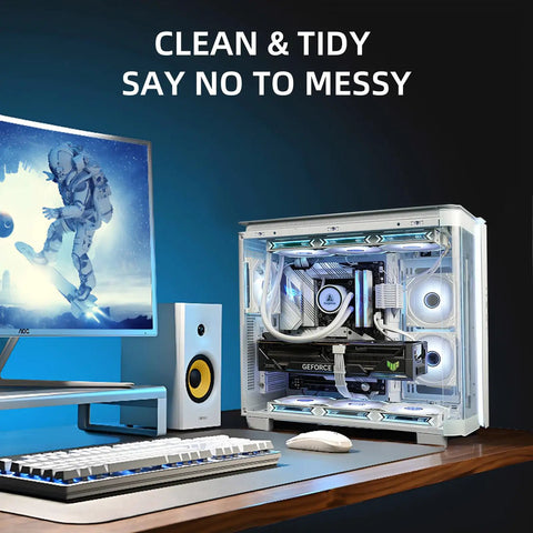 Clean computer desk setup with PC using 24 Pack PSU Wire Management Clips Kit For ATX Power Cables, white cable organizers visible