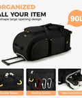 Searock rolling duffle bag with wheels and retractable handle, black 90L luggage