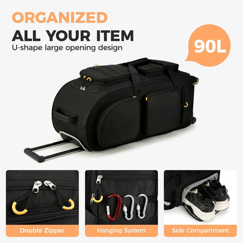 Searock rolling duffle bag with wheels and retractable handle, black 90L luggage