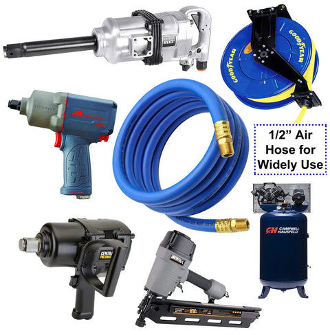 Hybrid Air Hose 1/2-Inch ID 100-Foot Long With 3/8-Inch MNPT Solid Brass Fittings displayed with industrial tools.