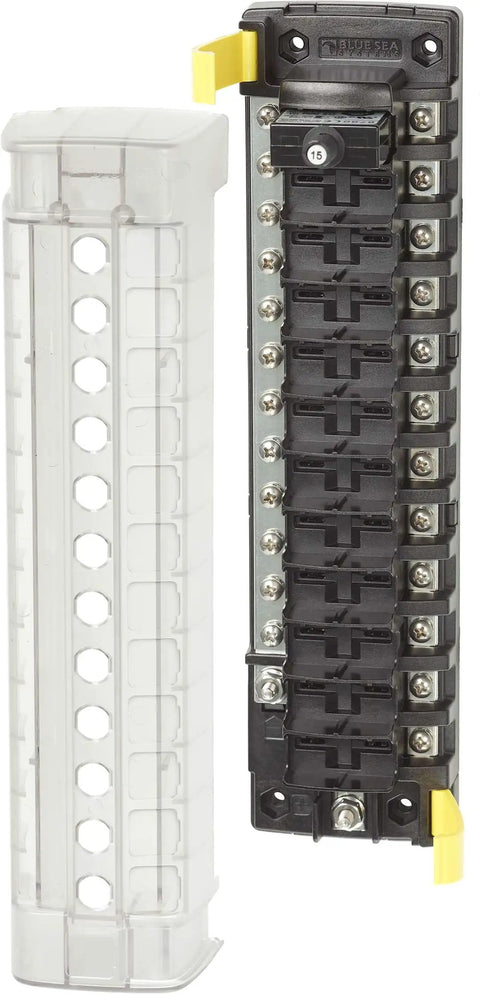 12 Position Circuit Breaker Block With Negative Bus Beige For Marine Use 32V DC 32A Per Circuit 100A Per Block with cover open