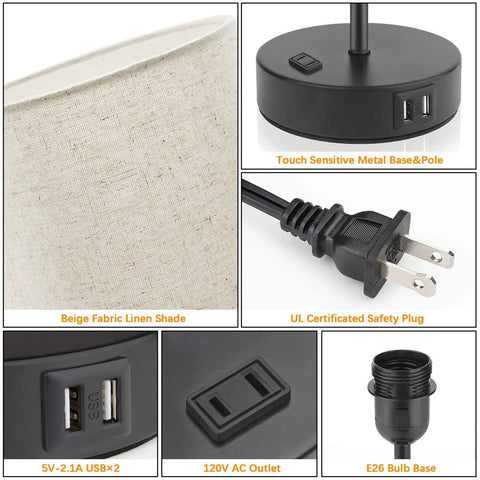 Components of Set Of 2 Touch Control 3 Way Dimmable Table Lamps With USB Ports And AC Outlet Modern Nightstand Bedside Lamps With Fabric Shade