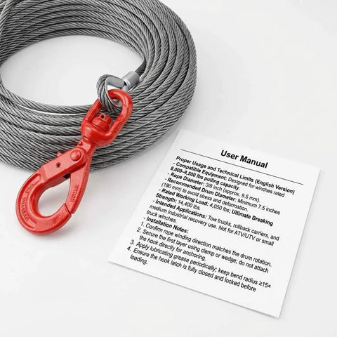Beefy 3/8 Inch By 100 Foot Steel Core Winch Cable With Hook and user manual, for Tow Trucks Rollbacks And Recovery, 4050 Lbs WLL