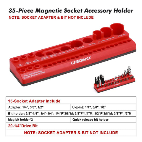 Magnetic Socket Accessory Holder Tray For One Quarter Inch Drive Tools Red Polypropylene Organizer With Rubberized Magnetic Base