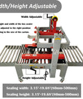 Adjustable Width Height Automatic Carton Sealer Box Tape Machine 110V with red rollers for varying box sizes.