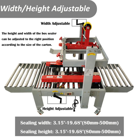 Adjustable Width Height Automatic Carton Sealer Box Tape Machine 110V with red rollers for varying box sizes.