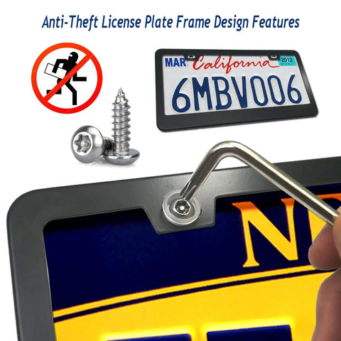 Anti Theft License Plate Frame Kit With Tamper Proof Hardware shown with black frame and screws