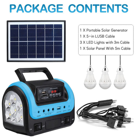 Beefy All In One Portable Solar Power Station With Panel And Built-In LED Lights, package contents displayed