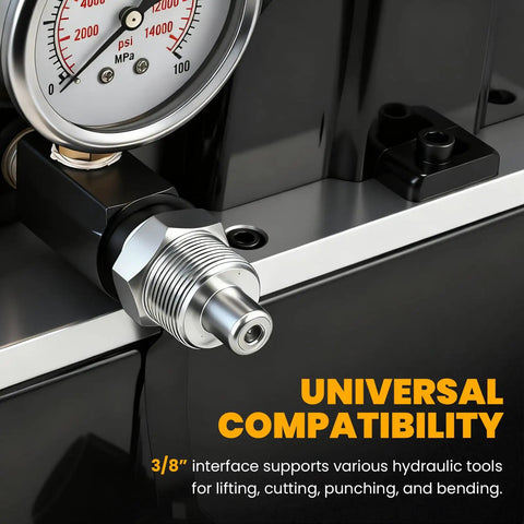 Close-up of 3/8" interface and gauge on Beefy Electric Hydraulic Pump Power Pack 70 MPa Two Stage System 110V With 2L Oil Capacity