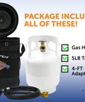 Gas Hauler Pro Kit For Camping And Outdoor Adventures, 5Lb Propane Tank With Built In Gauge, 5Ft Steel Braided Hose, And Insulated Protective Carry Case, Ready For Grilling, RV Trips, And Backyard Bonfires displayed with components