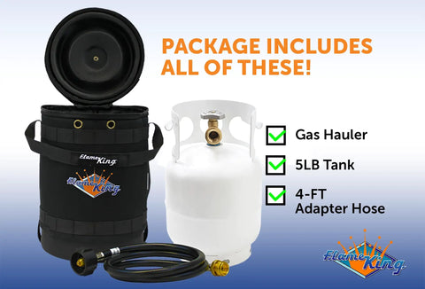 Gas Hauler Pro Kit For Camping And Outdoor Adventures, 5Lb Propane Tank With Built In Gauge, 5Ft Steel Braided Hose, And Insulated Protective Carry Case, Ready For Grilling, RV Trips, And Backyard Bonfires displayed with components