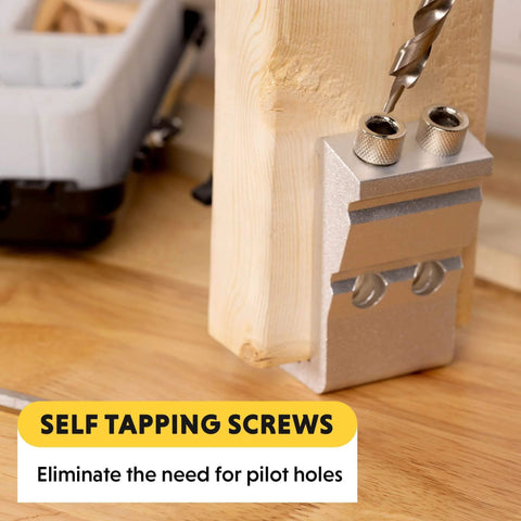 All In One Aluminum Pocket Hole Jig Kit With Carrying Case For Easy Corner And Angle Joints Face Frame Cabinets Leg And Rail Projects Do It Yourself Woodworking Made Simple With A Durable Pocket System For Quick Strong Joints in use, showing drill and jig on wood.
