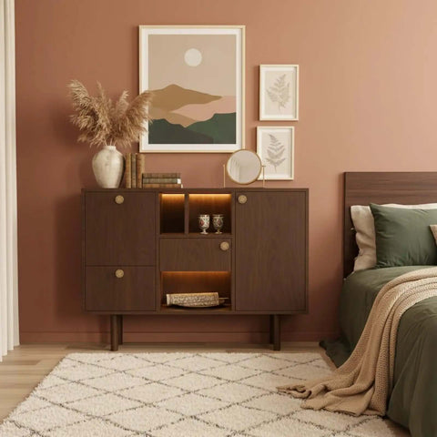 Bedroom with dresser featuring Boho Rattan Dresser Knobs Set With Natural Wood Cabinet Hardware And Handwoven Wicker Drawer Pulls