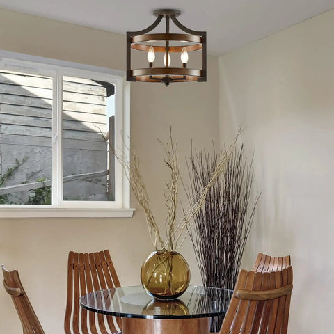 Farmhouse 3-Light Industrial Pendant Light With Wood And Metal Drum Shade, Convertible Semi-Flush Ceiling Fixture, dining room