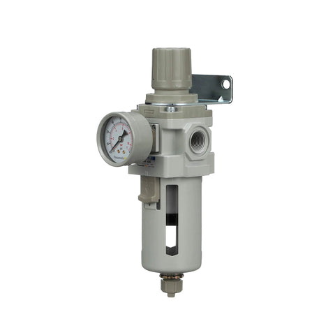 Front view of PneumaticPlus SAW400-N04BG air filter/regulator piggyback combo with gauge, poly bowl, 1/2 NPT