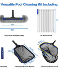 Components of Deluxe Five-In-One Pool Cleaning Kit with detachable 20-inch brush, semi-deep net, ultra-fine rake, 13-foot aluminum pole.