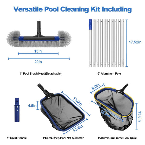 Components of Deluxe Five-In-One Pool Cleaning Kit with detachable 20-inch brush, semi-deep net, ultra-fine rake, 13-foot aluminum pole.
