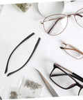 Replacement Eyeglass Arms Kit For Quick Repair Of Eyewear And Sunglasses Temple Arms Replacement Durable TR90 Material Easy Install Comfortable Fit Multipurpose Eyewear Frame Repair shown with eyeglasses and tools.