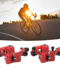 1 Pair Aluminum Alloy Mechanical Disc Brakes For Mountain Road Electric Scooter Cable Puller Kit in fiery red against a sunset backdrop.