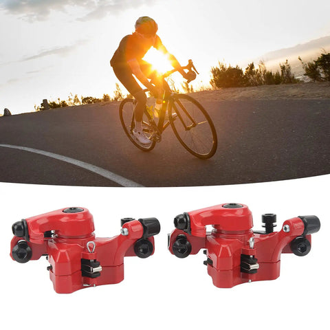 1 Pair Aluminum Alloy Mechanical Disc Brakes For Mountain Road Electric Scooter Cable Puller Kit in fiery red against a sunset backdrop.