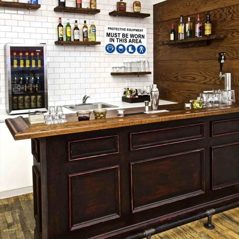 Protective Equipment Must Be Worn In This Area Sign Built Tough Aluminum 8 By 12 Inches Waterproof And Rustproof displayed above bar sink