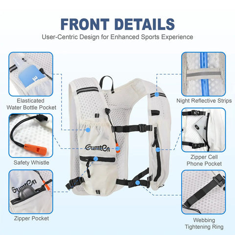 Front view of Hydration Running Vest For Men And Women With Adjustable Chest Straps, Lightweight Nylon Pack, Breathable Mesh Shoulders