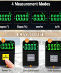 Dead On Digital Angle Finder Inclinometer display showing four measurement modes: degree, slope, mm/m, in/ft for accurate readings.
