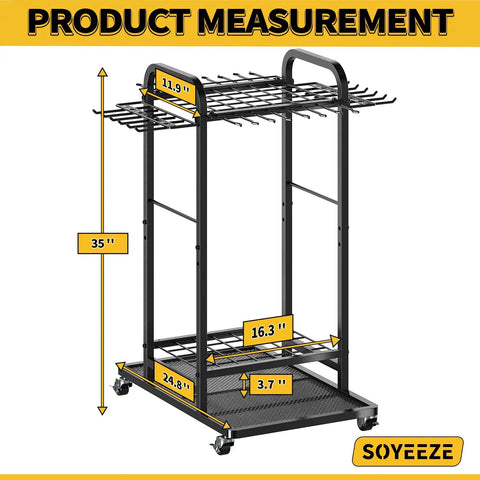 Garden Tool Organizer With Lockable Wheels, Heavy Duty 3 Tier Yard Tower Rack For Garage, Holds Up To 35 Long Handled Tools