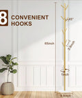 Gold Metal Freestanding Coat Rack With Eight Hooks And Marble Base shown in entryway with dimensions marked
