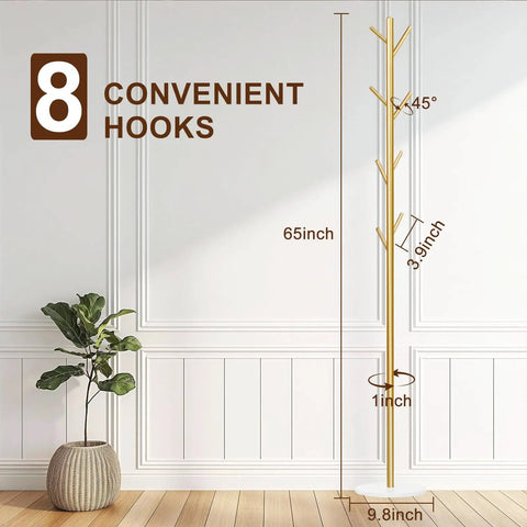 Gold Metal Freestanding Coat Rack With Eight Hooks And Marble Base shown in entryway with dimensions marked