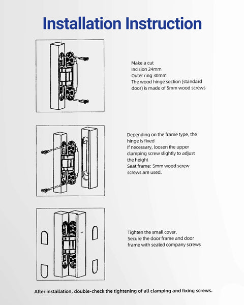 Installation instructions for Hidden Door Hinges 6x2.5x1 Inch Zinc Alloy Concealed Hinge Set Black Heavy Duty 3 Way Adjustable