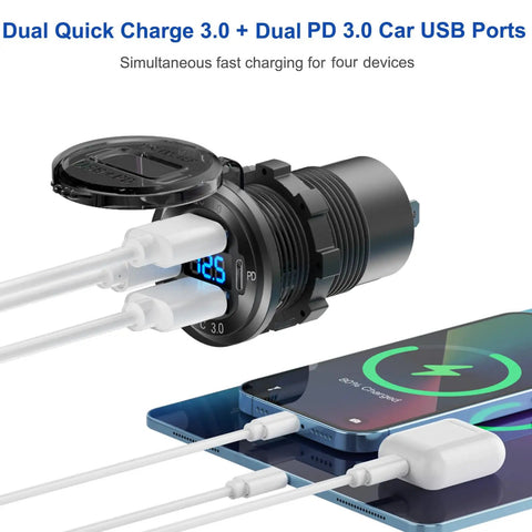 Heavy Duty Two In One Aluminum Panel With Four Usb Ports Paired With A Lighted 150 Watt Cig Socket And Built In Voltmeter Dual PD30 And Dual QC30 Fast Charge Board No Sweat Setup For Rv Boat, showcasing USB ports with device charging.