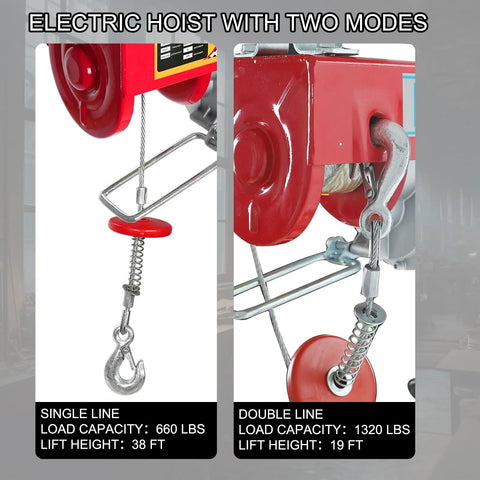 Heavy-Duty Electric Hoist Lift 1320 Lb Capacity With Remote Control 110V Winch showing single and double line modes