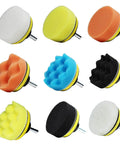 Go To Car Detailing Kit With Foam Polishing Pads And Wool Buffing Pads for headlights and body polishing, foam pads arrayed.