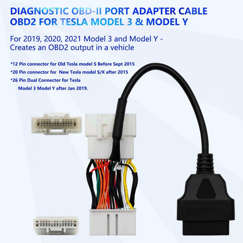 Diagnostic OBD-II port adapter cable for Tesla Model 3 and Y with connectors for Six Piece Tesla Diagnostic Cables Set For Model S 3 X Y With USB OBD2 Diagnostic Tools Adapter And OBDII Harness Plug And Play Kit That Works With USB WiFi Bluetooth OBD2 Scanners
