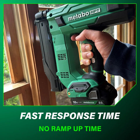 Close-up of Compact 18V Cordless Brad Nailer 18 Gauge Tool Only Single Sequential Trigger in use, showing lightweight frame.