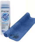 Chilly Pad Cooling Towel For Sports And Outdoors, Hyper Evaporative, Reusable towel in blue next to container, 33 by 13 inches