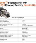 Geared Nema 17 Stepper Motor With Integrated Planetary Gearbox showing electrical parameters table and product image