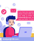 Customer support illustration with person using laptop, email contact information, and communication icons.