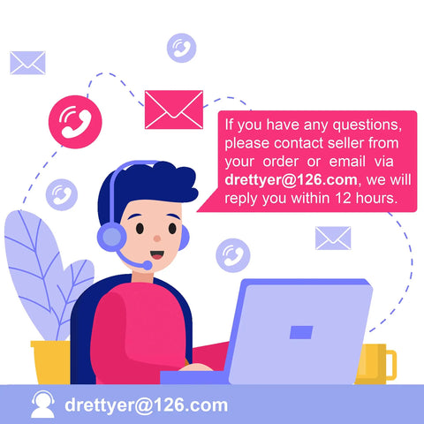 Customer support illustration with person using laptop, email contact information, and communication icons.