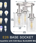 Dimensions and bulb compatibility for 3 Light Semi Flush Mount Ceiling Light With Brushed Nickel Finish And Clear Seeded Glass Shades.