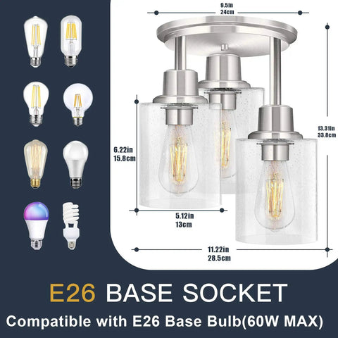 Dimensions and bulb compatibility for 3 Light Semi Flush Mount Ceiling Light With Brushed Nickel Finish And Clear Seeded Glass Shades.