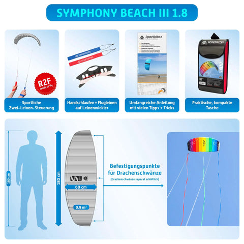 Rainbow 1.8 Stunt Kite For Beginners And Pros With Dual Line Foil Sport Kite Easy Setup Forgiving Flight Tons Of Fun For Speed Or Pull Tricks Ideal Outdoor Flight Gear For Adults And Teens infographic showing dimensions and components.
